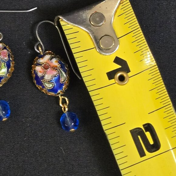 Cloisonne Enamel Floral Dangle Earrings Blue Bead Drop Handmade Boho 1.5" - Picture 5 of 6